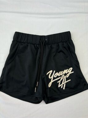 YoungLA Black Logo Gym Shorts Drawstring Small Athletic Training Streetwear Logo